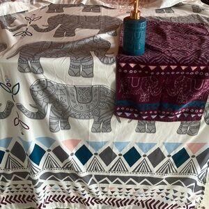 Bathroom Elephant Theme shower curtain & hooks, soap dispenser, hand towels,vase